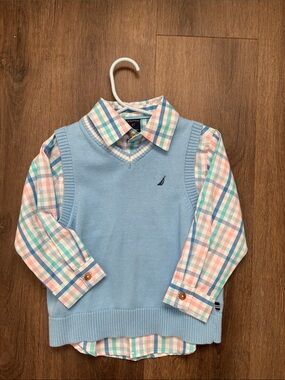 Nautica Light Blue Sweater Vest with Plaid Shirt - 2T